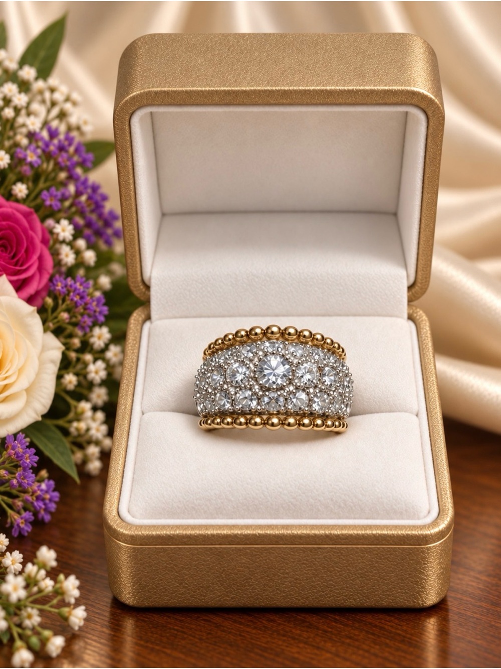 Ring Two-Tone Sterling Silver Pavé Dome Ring Beaded Gold Edges Cubic Zircona